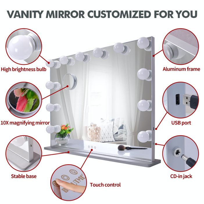 12 Bulb Hollywood Vanity Makeup Mirror with Lights Large Dressing Tabletop Beauty Mirror with USB Charging Port