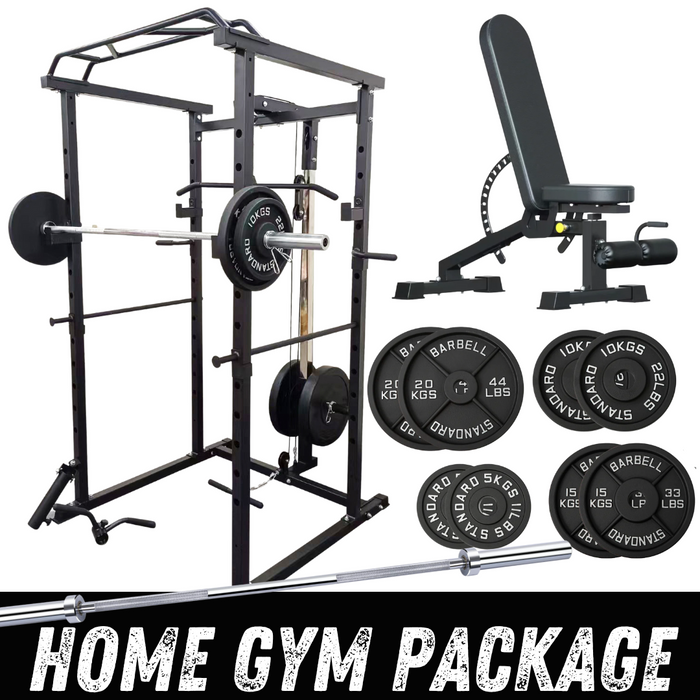 Home Gym Power Squat Rack Cage Bench Barbell Package + 100kg Weight Set